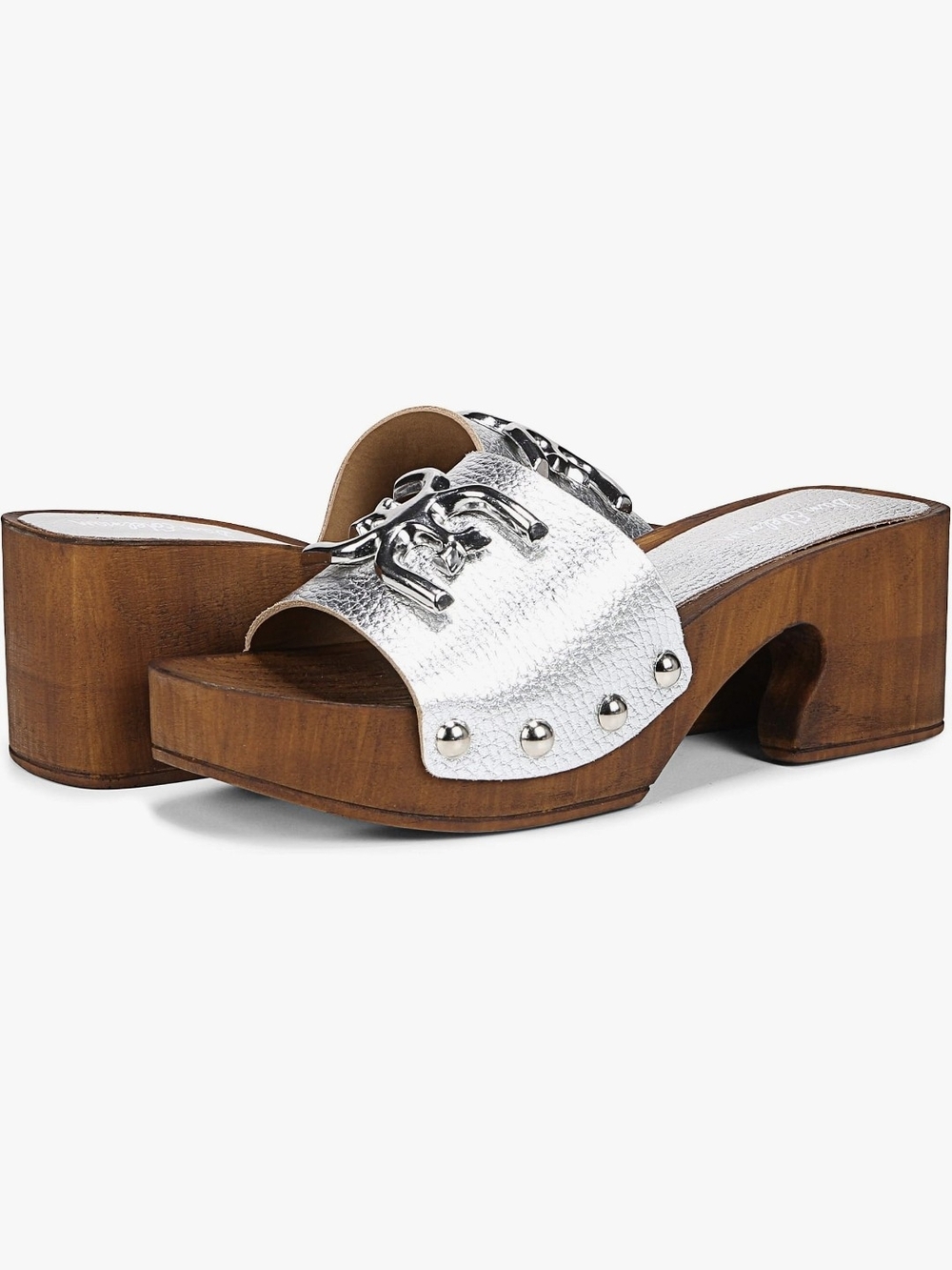 Sam Edelman Silver Metallic Leather Platform Clogs with Wooden Heel